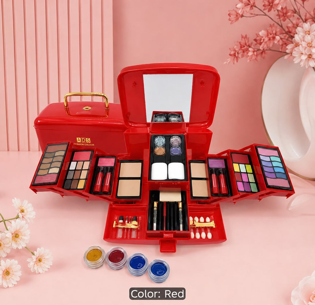 ADS Cinema Fashion Makeup Kit – 24 Color All-in-One Cosmetic Set | Waterproof & Long Lasting | Red Vanity Box