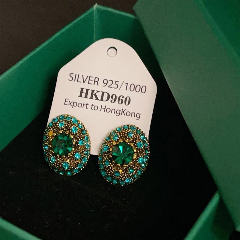 Bold Green Gemstone Vintage French-Style Geometric Colorful Earrings